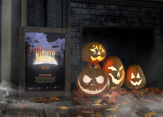 Free Variety Of Funny Carved Pumpkin Faces And Halloween Nights Frame Mock-Up Psd