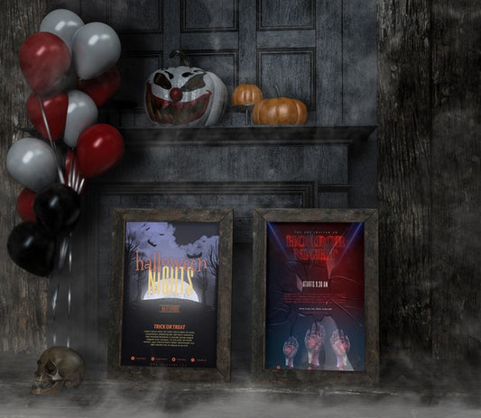 Free Variety Of Halloween Frame Mock-Ups With Balloons And Pumpkins Psd