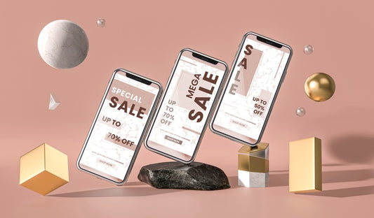 Free Various Mobile Phones 3D Mock-Up And Geometric Shapes Psd