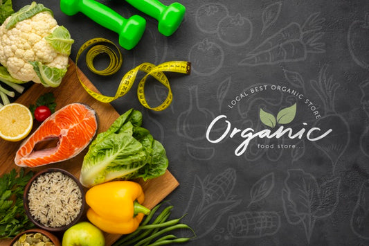 Free Veggies Doodle Background With Healthy Food And Dumbbells Psd