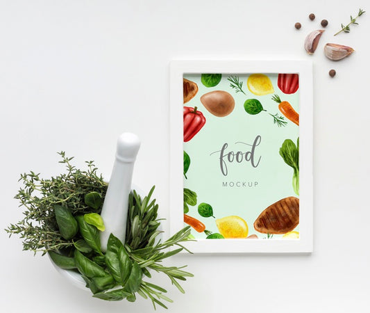 Free Vertical Food Mock-Up Frame With Garlic And Herbs Psd