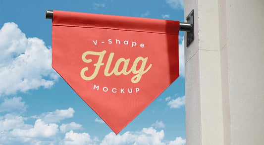 Free Vertical V-Shape Hanging Flag Banner Logo Mockup Psd