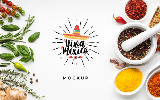 Free Viva Mexico Mock-Up Surrounded By Spices And Herbs Psd