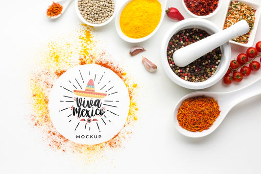 Free Viva Mexico Mock-Up With Bowls Filled With Spices Psd