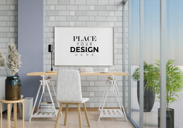 Free Wall Art Canvas Or Picture Frame In Office Desk Mockup Psd