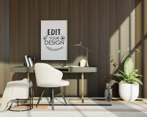 Free Wall Art Canvas Or Picture Frame In Office Desk Mockup Psd