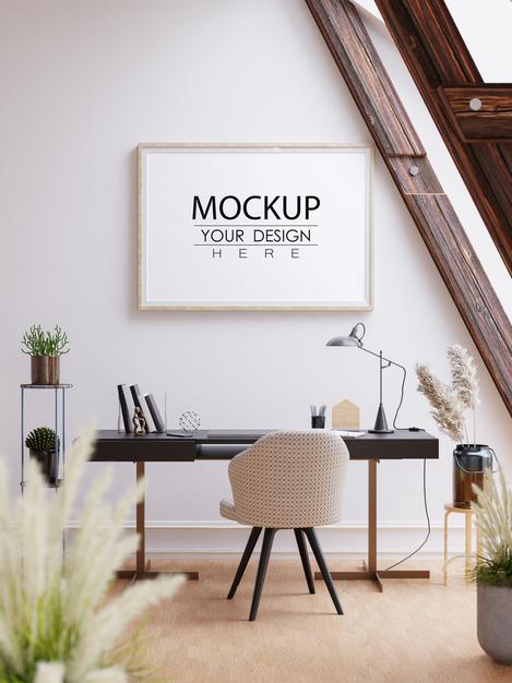 Free Wall Art Or Canvas Frame Mockup Over Office Desk Psd