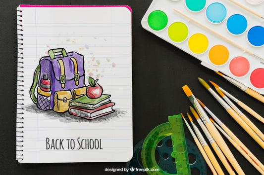 Free Watercolors, Brushes And Notebook With Colorful Drawing Psd