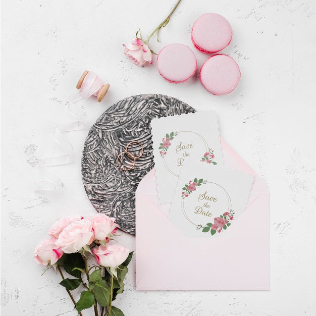 Free Wedding Concept Mock-Up With Flower And Macarons Psd