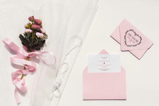 Free Wedding Decoration In Pink Tones With Invitation And Flowers Psd