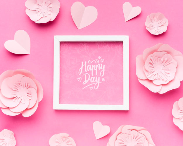 Free Wedding Frame Mock-Up With Paper Flowers And Hearts Psd