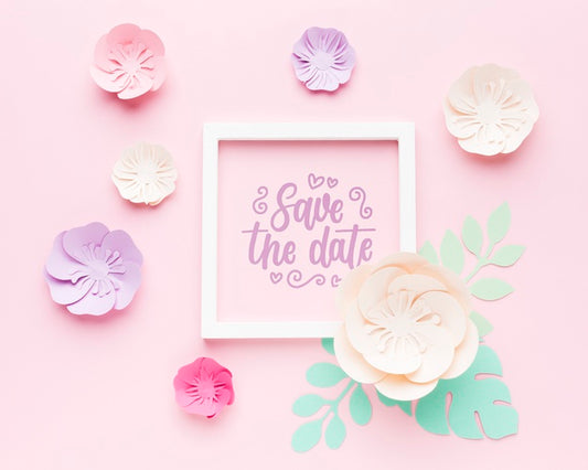Free Wedding Frame Mock-Up With Paper Flowers On Pink Background Psd