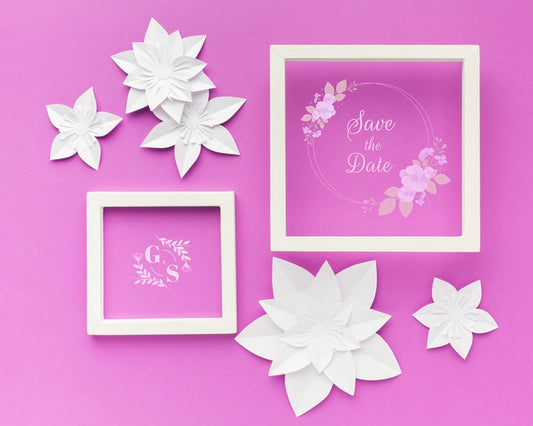 Free Wedding Frame With Paper Flowers On Purple Wallpaper Psd