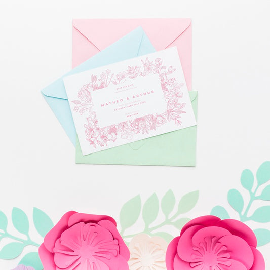 Free Wedding Invitation Mock-Up And Envelopes With Paper Flowers Psd