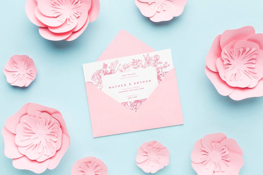 Free Wedding Invitation Mock-Up With Paper Flowers On Blue Background Psd