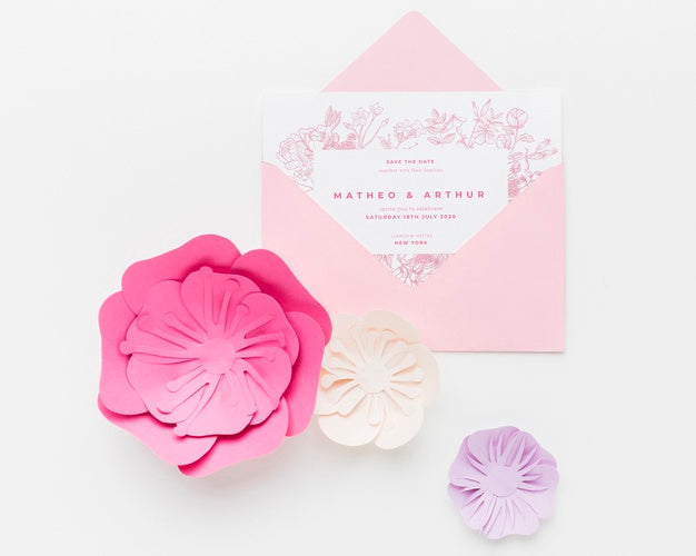 Free Wedding Invitation Mock-Up With Paper Flowers On White Background Psd