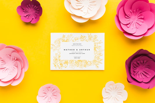 Free Wedding Invitation Mock-Up With Paper Flowers On Yellow Background Psd