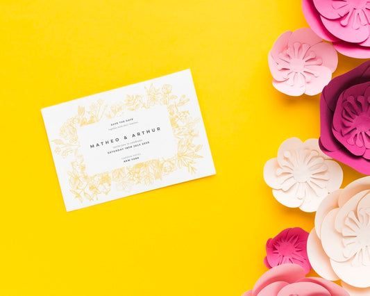 Free Wedding Invitation Mock-Up With Paper Flowers On Yellow Wallpaper Psd