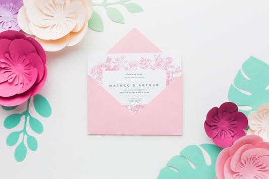 Free Wedding Invitation Mock-Up With Paper Flowers Psd