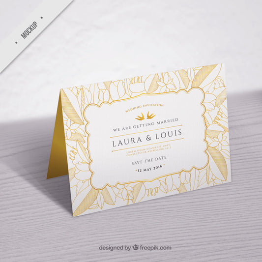 Free Wedding Invitation Mockup With Golden Hand Drawn Leaves Psd