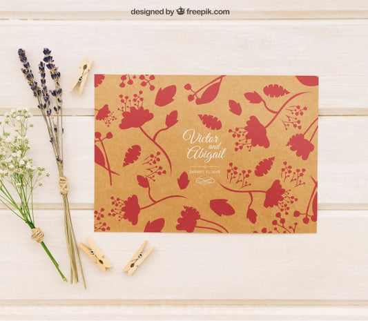 Free Wedding Invitation Template With Flowers And Clothespins Psd