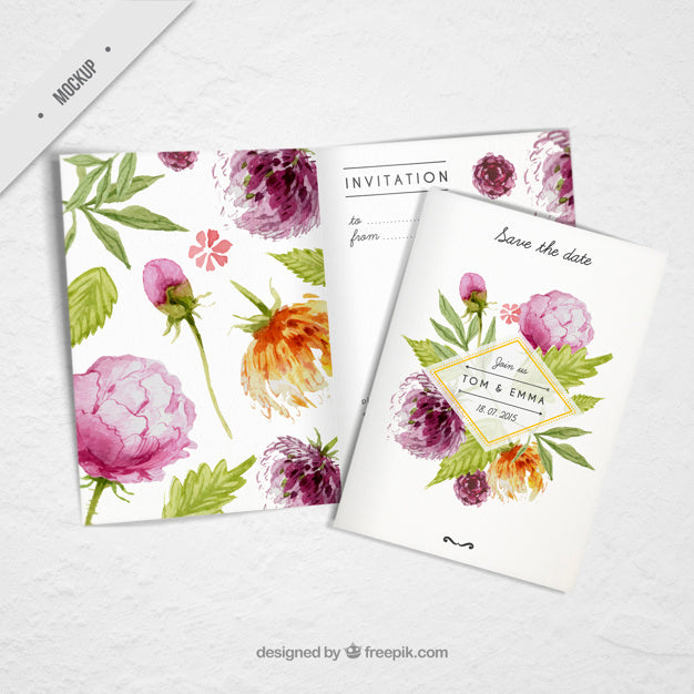 Free Wedding Invitation With Cute Watercolor Flowers Psd
