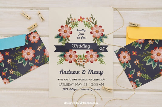 Free Wedding Invitation With Envelopes And Cord With Clothespins Psd