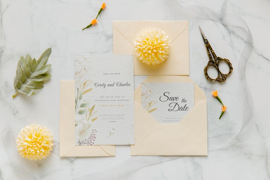 Free Wedding Invitation With Flowers And Scissors Psd