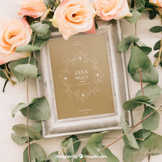 Free Wedding Mock Up With Frame, Flowers And Leaves Psd