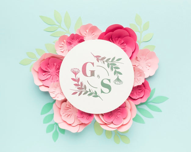 Free Wedding Monogram Mock-Up With Paper Flowers On Blue Background Psd