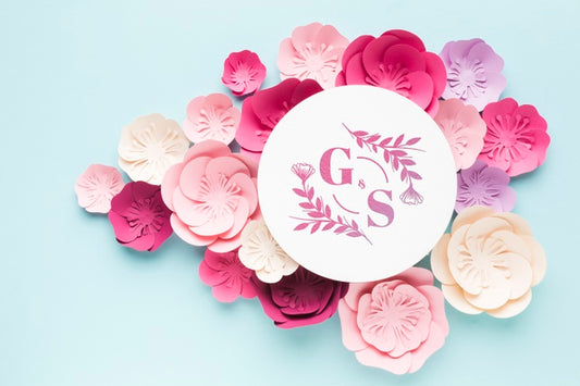Free Wedding Monogram Mock-Up With Paper Flowers On Blue Wallpaper Psd