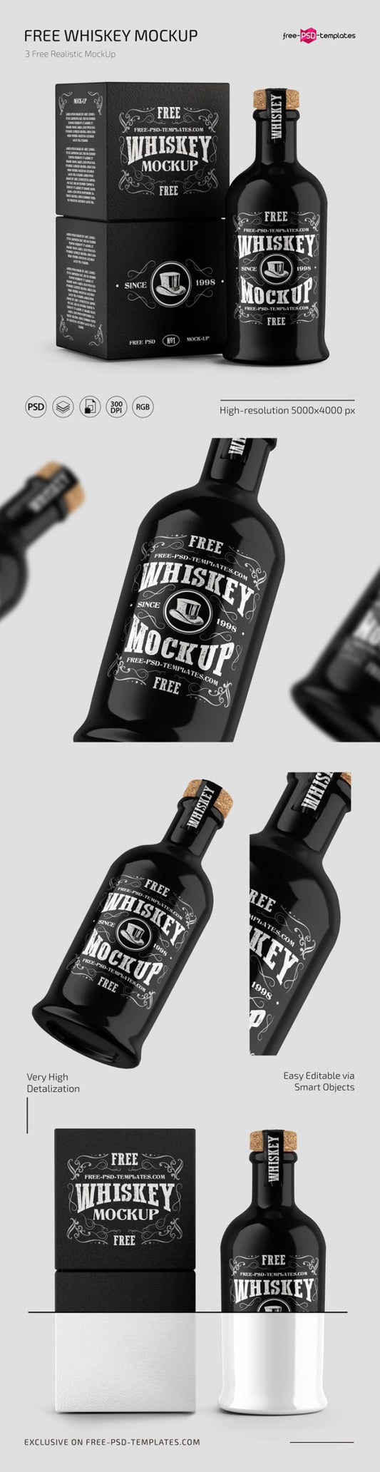 Free Whiskey Bottle With Box Mockups In Psd