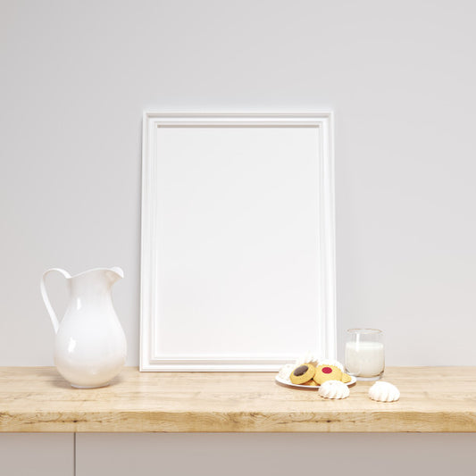 Free White Frame Mockup On A Kitchen Counter With Delicious Cookies Psd
