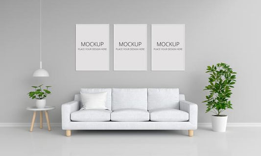 Free White Sofa In Gray Living Room With Frames Mockup Psd