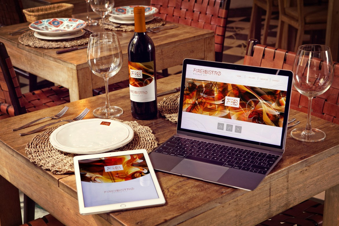 Free Scene with Wine Bottle, iPad Air 2 and Macbook (Mockup)
