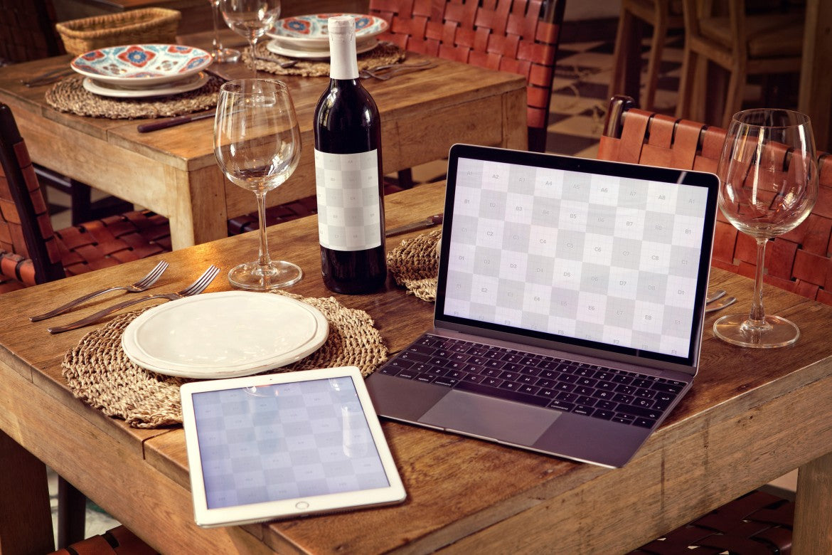 Free Scene with Wine Bottle, iPad Air 2 and Macbook (Mockup)