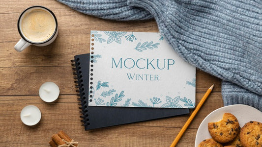 Free Winter Hygge Arrangement With Notepad Mock-Up Psd