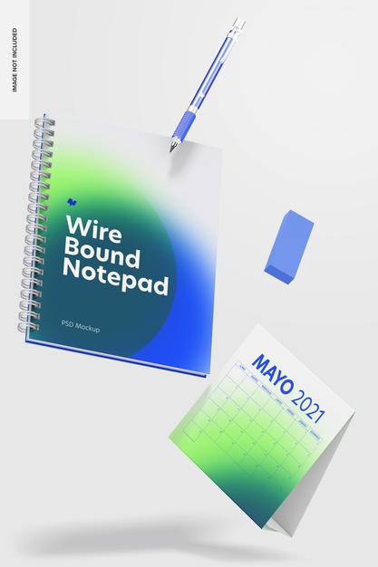 Free Wire Bound Notepad Scene Mockup, Falling Psd