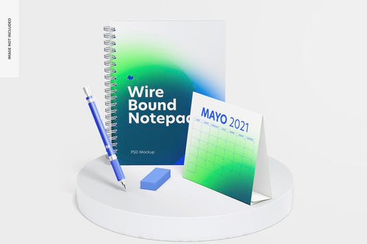 Free Wire Bound Notepad Scene Mockup, Front View Psd
