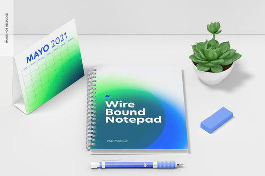 Free Wire Bound Notepad Scene Mockup, Top View Psd