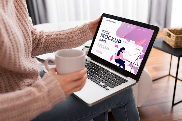 Free Woman At Home With Coffee And Laptop Mock-Up Psd