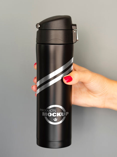 Free Woman Holding A Black Thermos Mock-Up Psd