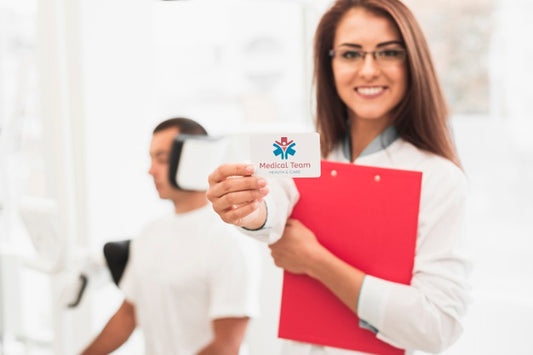 Free Woman Holding A Clipboard And A Mock-Up Clinical Card Psd