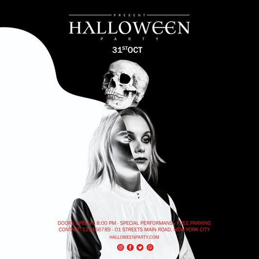 Free Woman Holding A Skull On Her Head For Halloween In Black And White Psd