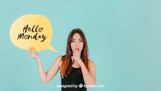 Free Woman Making Quiet Sign With Speech Bubble Mockup Psd