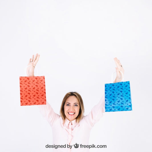 Free Woman Raising Two Shopping Bags Psd