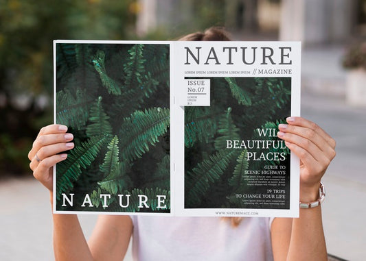 Free Woman Reading Nature Magazine Mock Up Psd