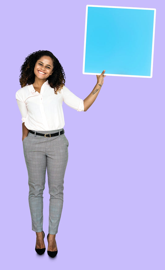 Free Woman Showing A Blank Blue Square Board