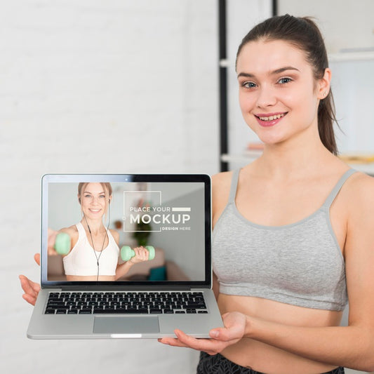 Free Woman Watching Fitness Exercises Mock-Up Psd