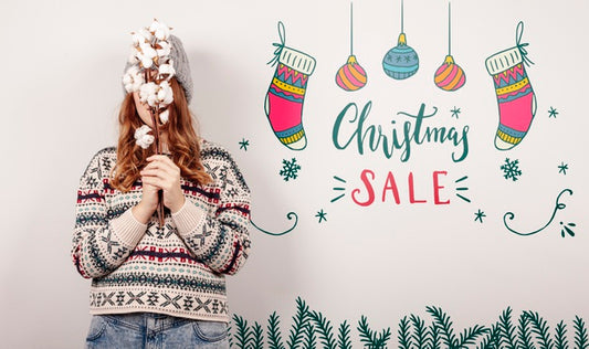 Free Woman Wearing A Christmas Sweater And Christmas Sales Offers Psd